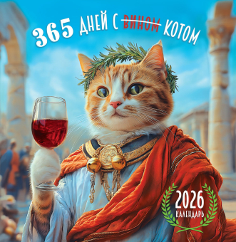 СРЕДНИЙ перекидной настенный календарь на скрепке на 2026 год "365 дней (с вином) с котом" ПК-26-028